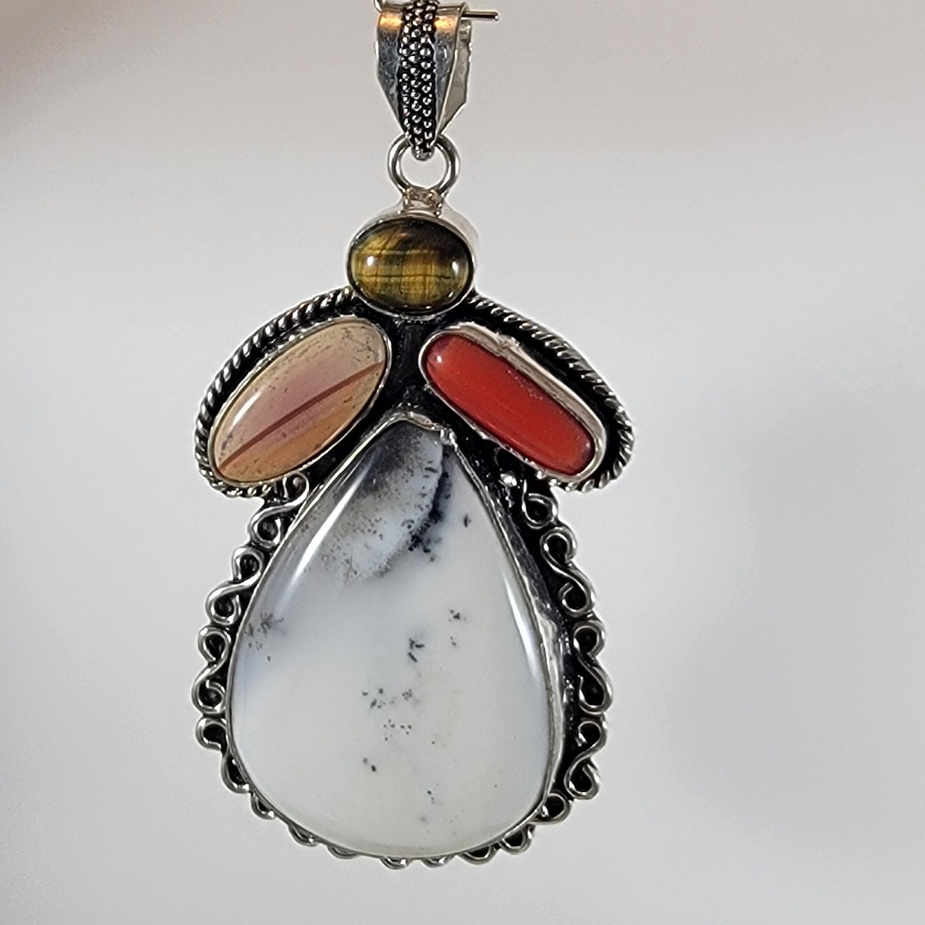Handmade Silver Pendant With Dendritic Opal Tigers Eye Jasper Gemstones 68$